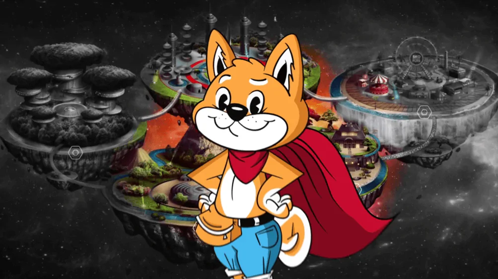 Commercial depicting Hex the shiba inu mascot in front of the Islands of Innovation map