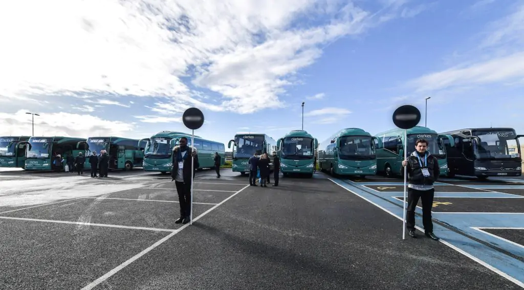 Buses ready to return 1,066 attendees to London.